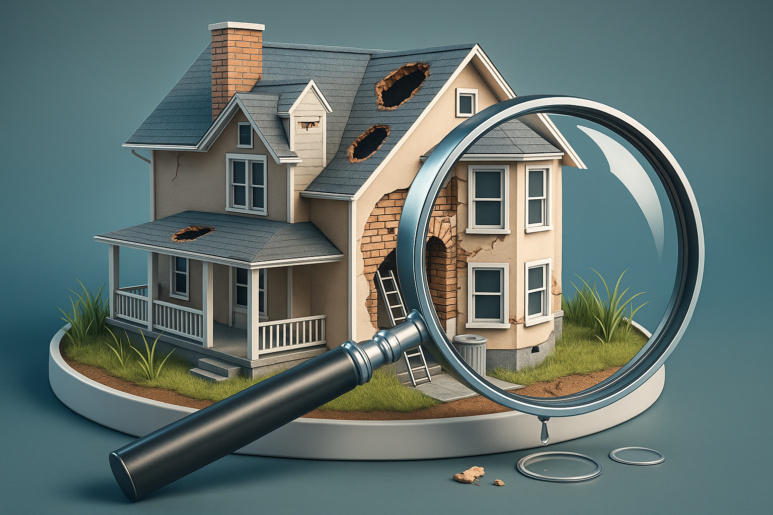 Beschädigtes Haus mit Lupe – Symbol für Arglistig verschwiegene Mängel