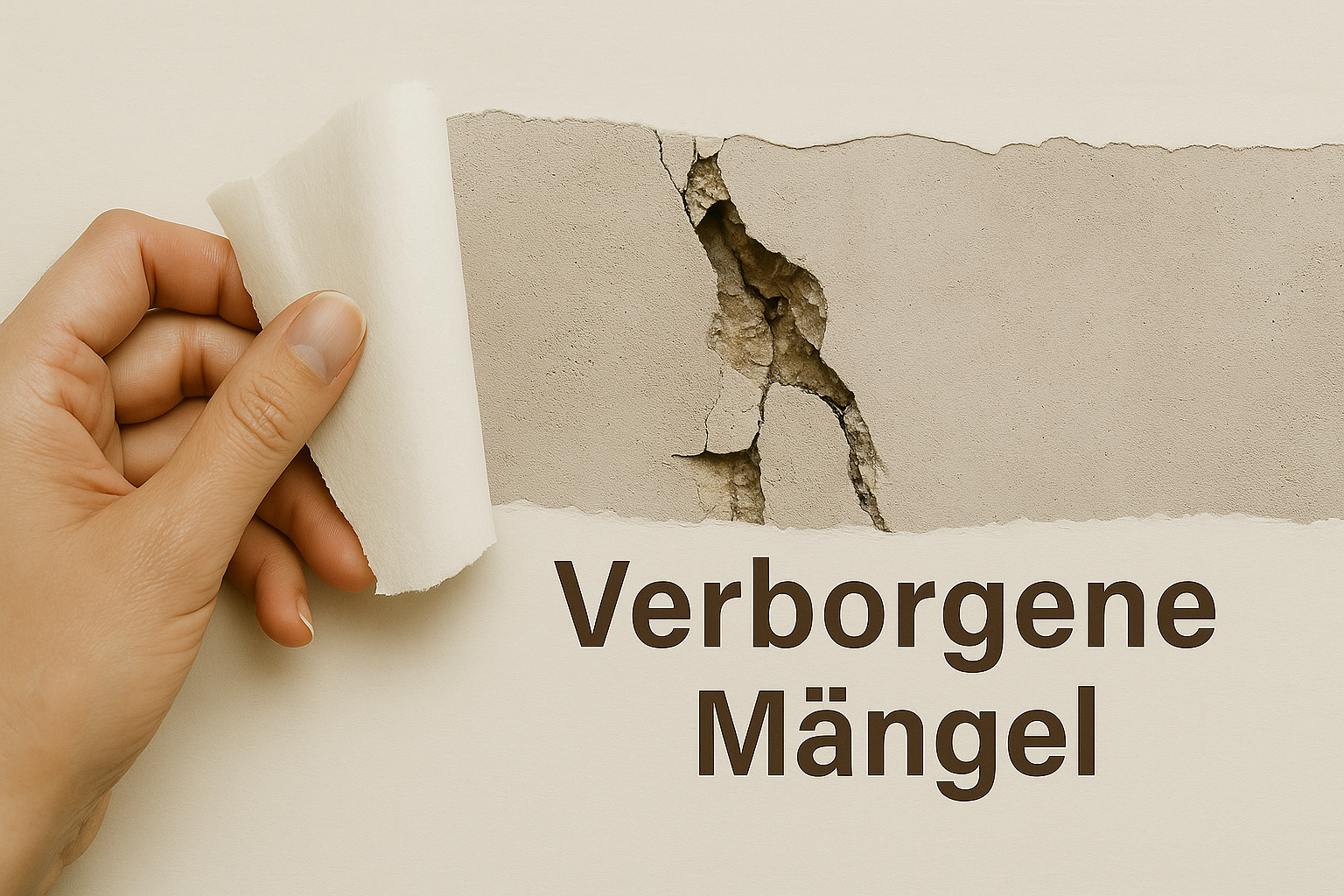Eine Hand zieht eine cremefarbene Schicht von einer Wand ab und legt darunter einen tiefen Riss im Putz frei. Rechts neben dem Riss steht der Text „Verborgene Mängel“ in brauner Schrift auf cremefarbenem Hintergrund.