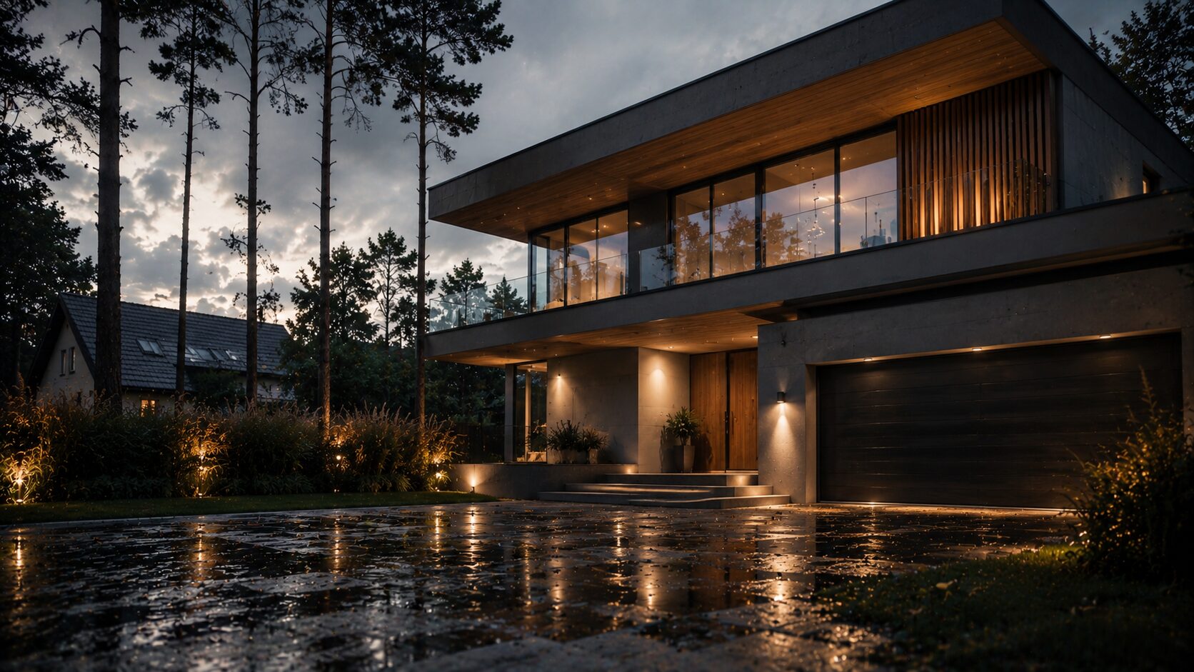 Moderne Architektur im Wald bei Dämmerung