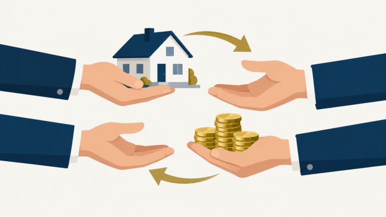 Piktogramm zur Rückabwicklung beim Hauskauf: Ein Haus wird übergeben und Geld fließt an den Käufer zurück