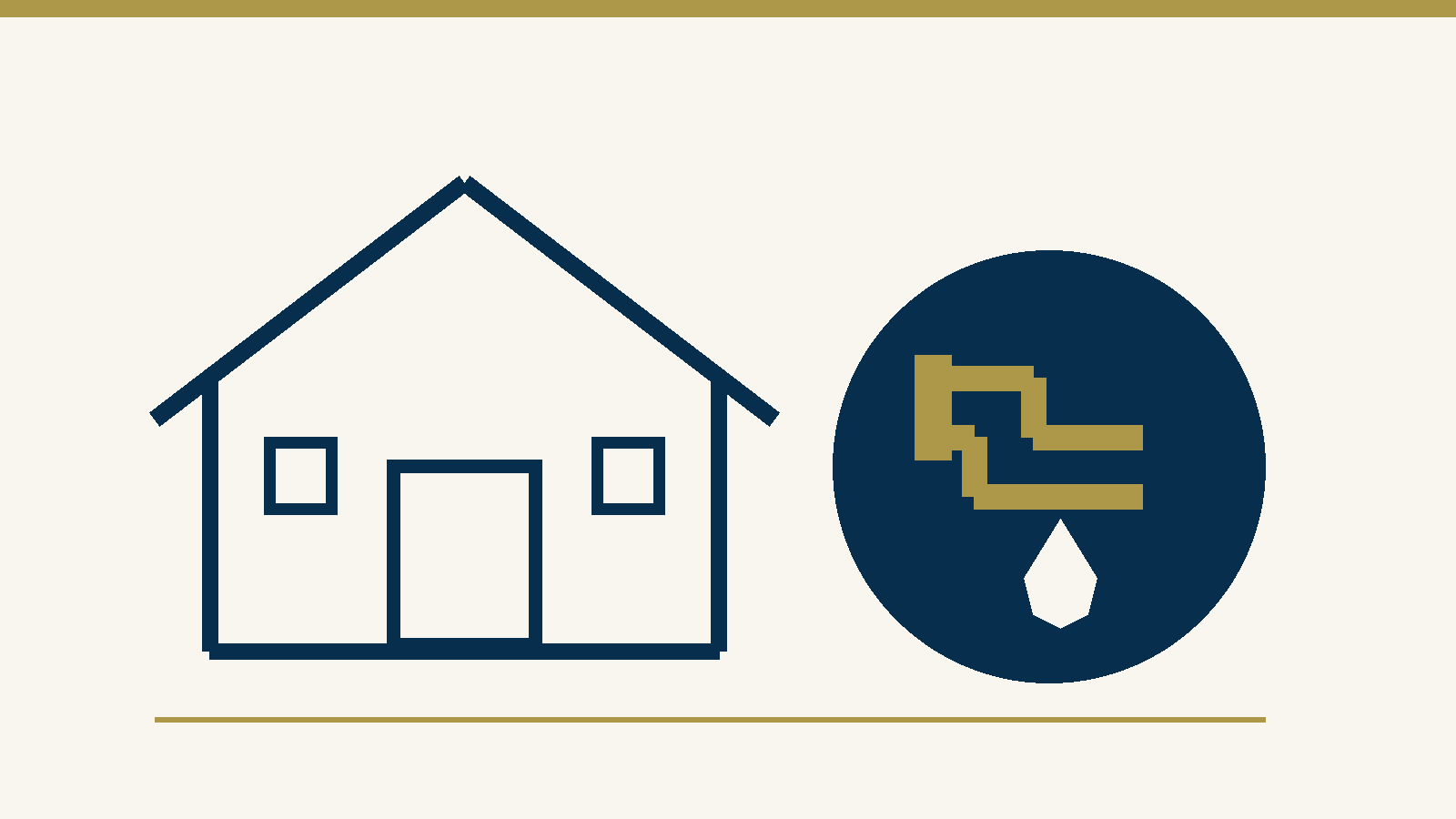 Bleirohre im gekauften Haus – Piktogramm mit Haus, Wasserleitung und Tropfen