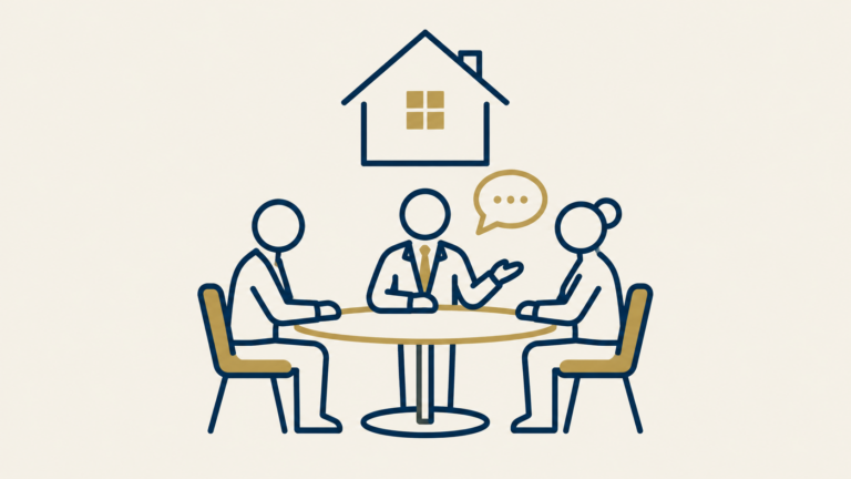 Mediation beim Immobilienkauf – Piktogramm mit Haus, Käufer, Verkäufer und neutralem Mediator am Gesprächstisch